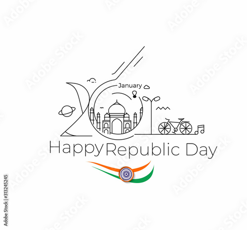 26 january Republic day concept - Taj Mahal Hand Drawn, India Agra