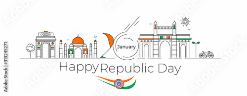 26 january Republic day concept - India Gate Taj Mahal & Gateway Of India Mumbai,  Line art vector illustration.