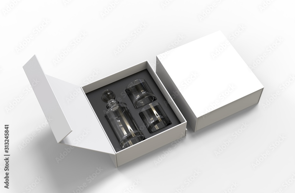 Whiskey decanter bottle and glass Gift Box for branding and mock up. 3d render illustration. Whiskey decanter bottle and glass Gift Box for branding and mock up. 3d render illustration.