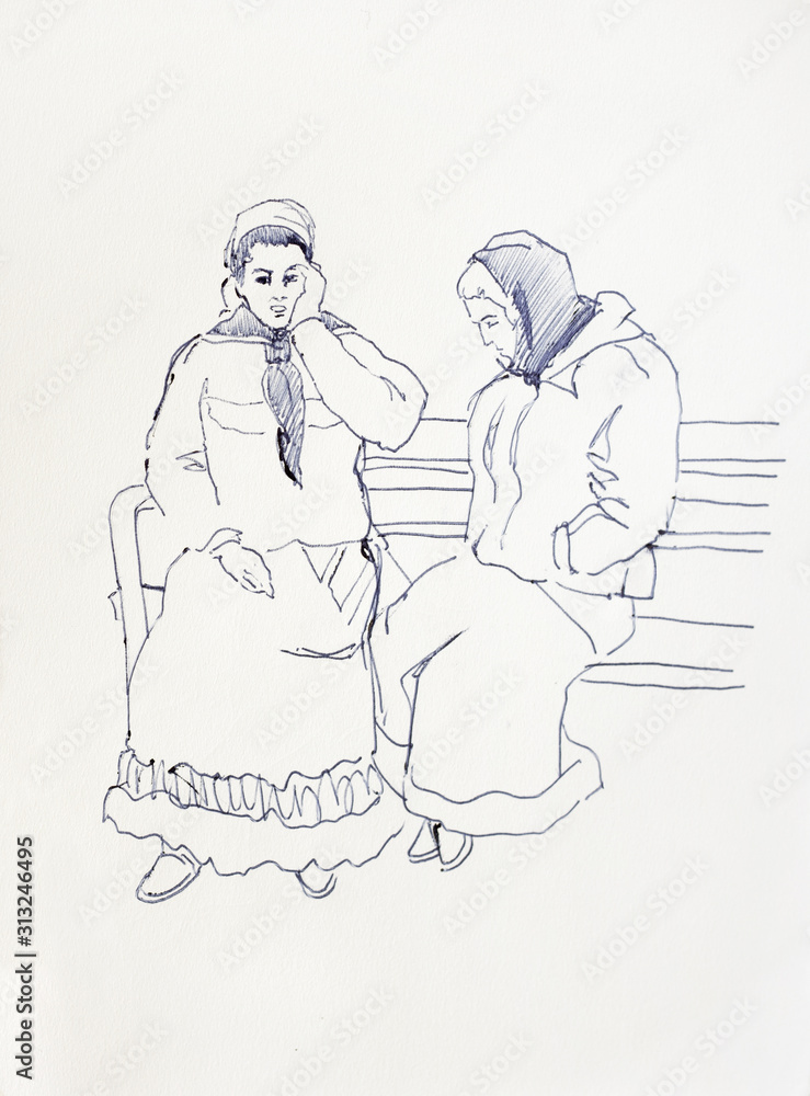 sketch drawing of two romani women sitting on the bench, gypsy girls talk lineart sketch drawing of two romani women sitting on the bench, gypsy girls talk lineart