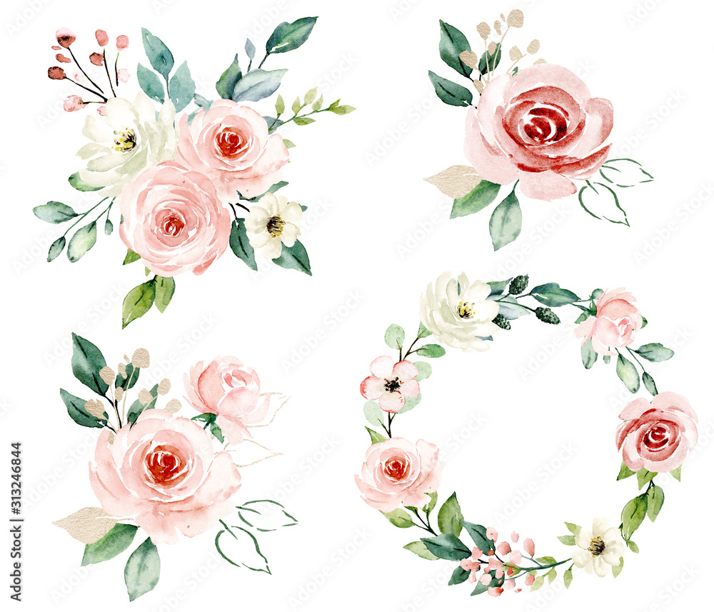Obraz Ustaw ręcznie malowane kwiaty w akwarela, bukiety vintage z różowymi i białymi różami. Ozdoba na plakat, kartkę z życzeniami, urodziny, ślub. Pojedynczo na białym tle.