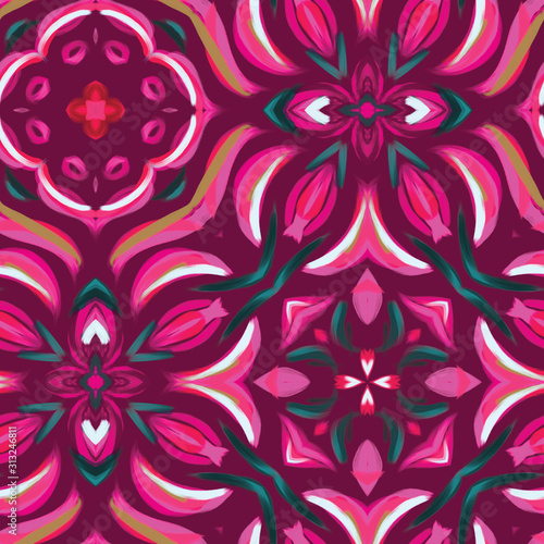 Hippy floral happy pink painted ornate textured stylized graphical pink tile motif. Kaleidoscopic psychedelic symmetric flower design. Seamless repeat raster jpg pattern swatch.