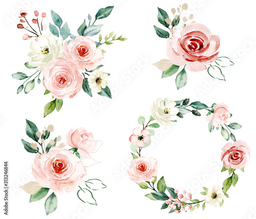 Obraz na płótnie Ustaw ręcznie malowane kwiaty w akwarela, bukiety vintage z różowymi i białymi różami. Ozdoba na plakat, kartkę z życzeniami, urodziny, ślub. Pojedynczo na białym tle.