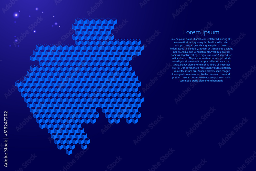 Gabon map from 3D classic blue color cubes isometric abstract concept, square pattern, angular geometric shape, glowing stars. Vector illustration.