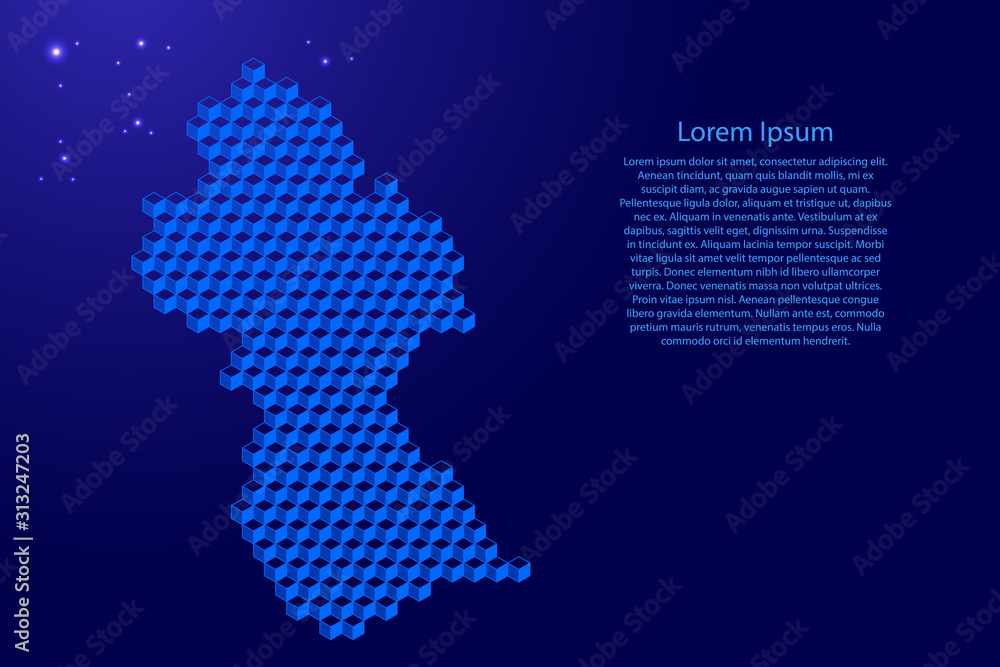 Guyana map from 3D classic blue color cubes isometric abstract concept, square pattern, angular geometric shape, glowing stars. Vector illustration. Guyana map from 3D classic blue color cubes isometric abstract concept, square pattern, angular geometric shape, glowing stars. Vector illustration.
