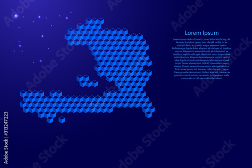 Haiti map from 3D classic blue color cubes isometric abstract concept, square pattern, angular geometric shape, glowing stars. Vector illustration.