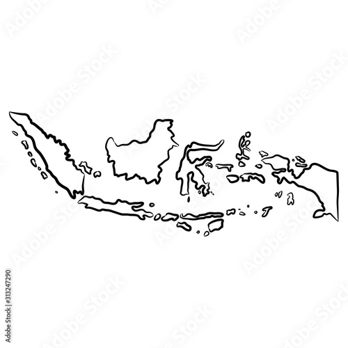 Indonesia map from the contour black brush lines different thickness on white background. Vector illustration.