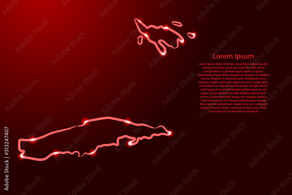 Spanish Virgin Islands map from the contour red brush lines different thickness and glowing stars on dark background. Vector illustration.
