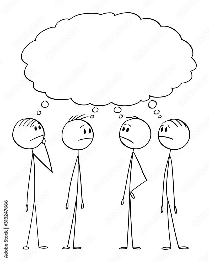 Vector cartoon stick figure drawing conceptual illustration of group of men or businessmen thinking about problem, searching for solution. Empty speech bubble. Business concept of brainstorming and Vector cartoon stick figure drawing conceptual illustration of group of men or businessmen thinking about problem, searching for solution. Empty speech bubble. Business concept of brainstorming and