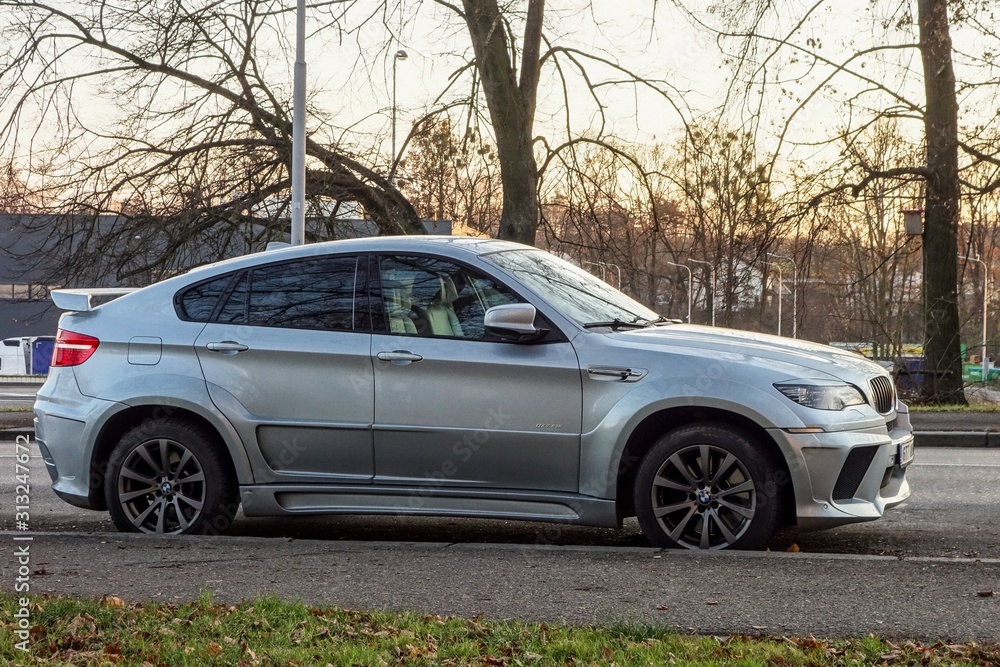 Very aggressive looking BMW X6 E71 modified by Lumma Design as CLR X 650 M.  Extreme tuning can be sometimes denoted as tuzing as well Stock Photo