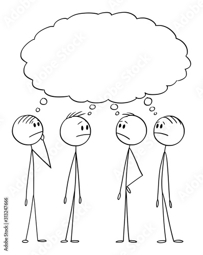 Vector cartoon stick figure drawing conceptual illustration of group of men or businessmen thinking about problem, searching for solution. Empty speech bubble. Business concept of brainstorming and