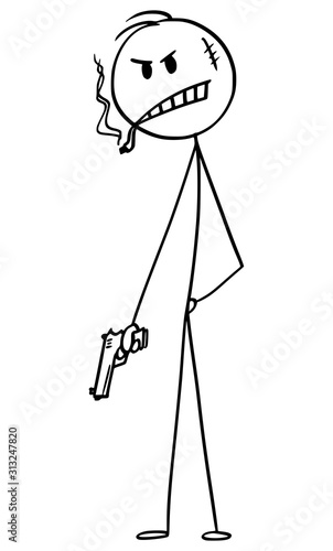 Vector cartoon stick figure drawing conceptual illustration of bad guy or man or criminal or gangster with cigar posing with weapon or hand gun.