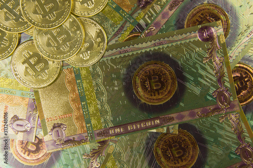banknote and coin of bitcoin cryptocurrency