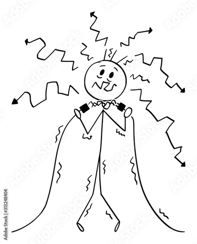 Vector cartoon stick figure drawing conceptual illustration of man or electrician holding cables and getting electric shock.