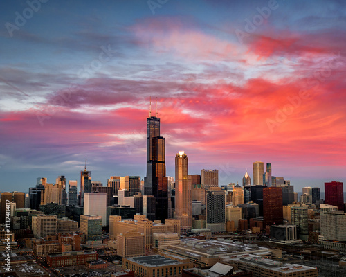 skyline at sunset Sears Tower Chicago