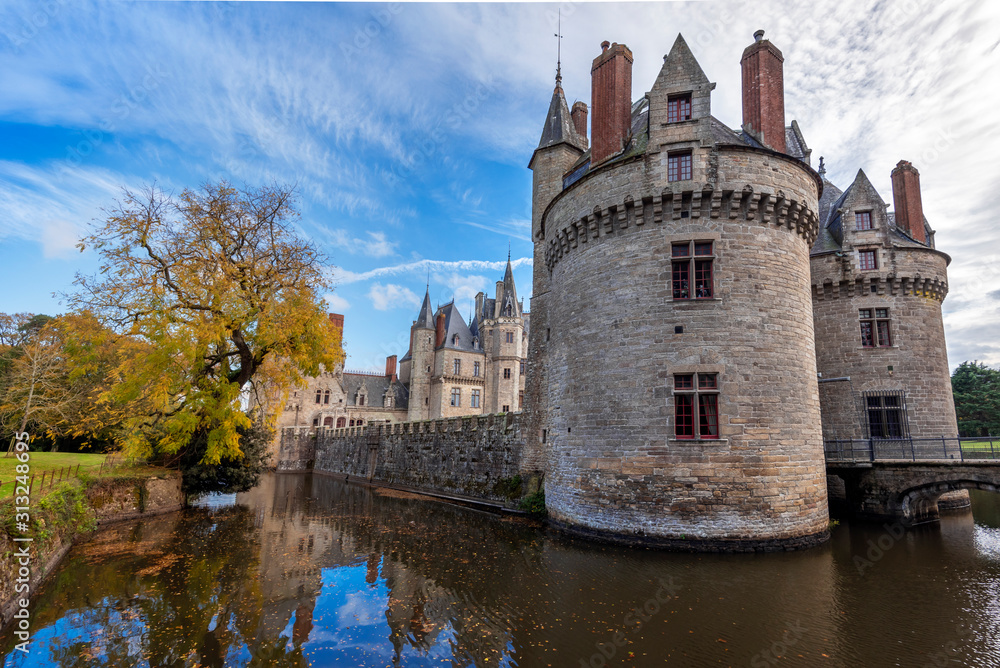 Side view of Bretesche medieval castle. Missillac commune in Loire-Atlantique region of France.