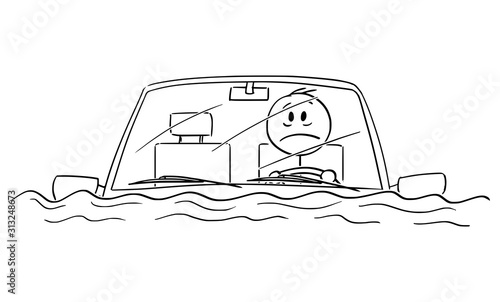 Vector cartoon stick figure drawing conceptual illustration of man or driver driving car in water flood, or sitting stunned in car after traffic accident fallen in river or lake.