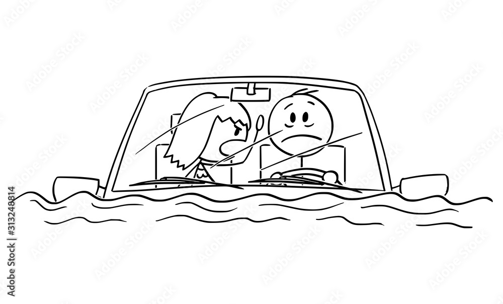 Vector cartoon stick figure drawing conceptual illustration of man or  driver driving car in water flood,