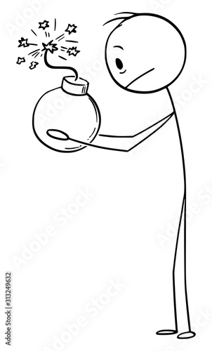 Vector cartoon stick figure drawing conceptual illustration of scared, surprised and frustrated man holding activated bomb. Concept of unexpected surprise.