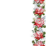 Vector vertical floral border with white and red flowers roses and green leaves on white. Hand drawn.Seamless brush for greeting cards, wedding invitation. Copy space. Stock illustration.