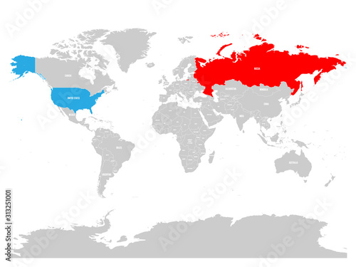 Fototapeta Naklejka Na Ścianę i Meble -  United States and Russia highlighted on political map of World. Vector illustration