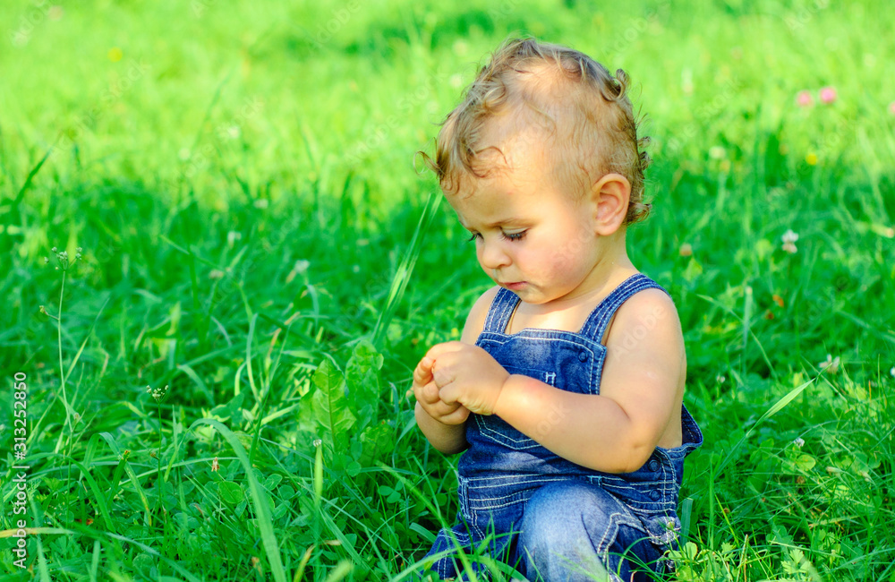 Cute baby boy sitting on green grass in park Cute baby boy sitting on green grass in park