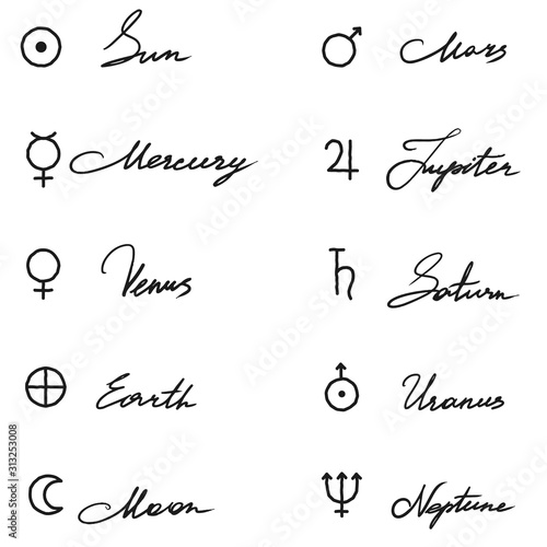 Set of astrological symbols of planets with names, vector isolated signs and handwritten words.