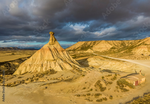 Cabezo de Castildetierra sandstone formation in Bardenas Reales semi-desert natural region in Spain