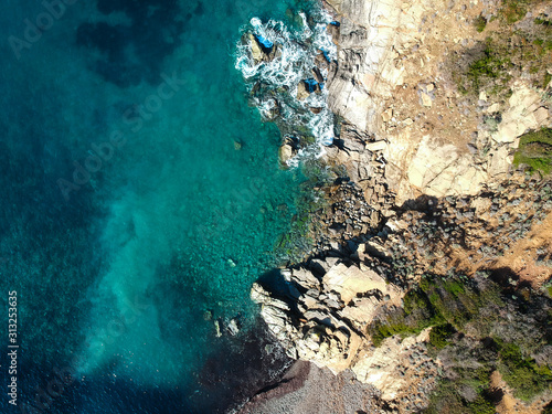 aerial view of a rocky sea coast