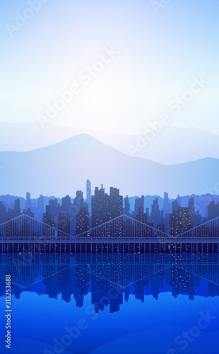Downtown city wallpaper in the morning and evening landscape wallpaper Illustration vector style Sunlight colorful view background