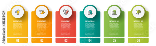 Business infographics template. Timeline with 6 steps, label and marketing icons. Vector illustration.