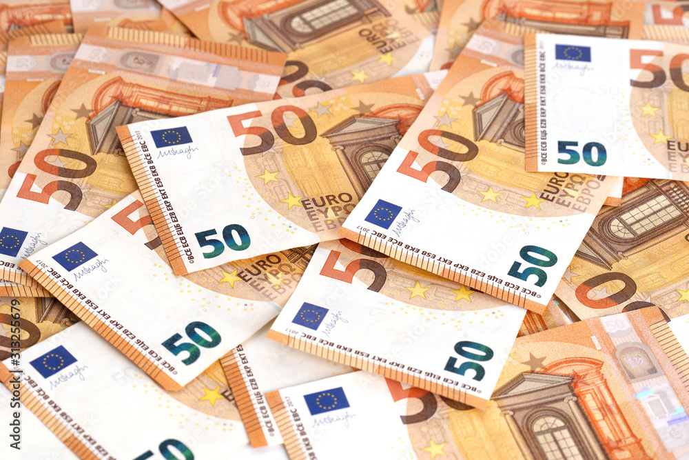 Money background euro cash banknotes 50 euro notes frame composition.