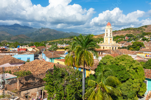 Trinidad, panoramic skyline with mountains and colonial houses. The village is a Unesco World Heritage and major tourist landmark in the Caribbean Island. Cuba.