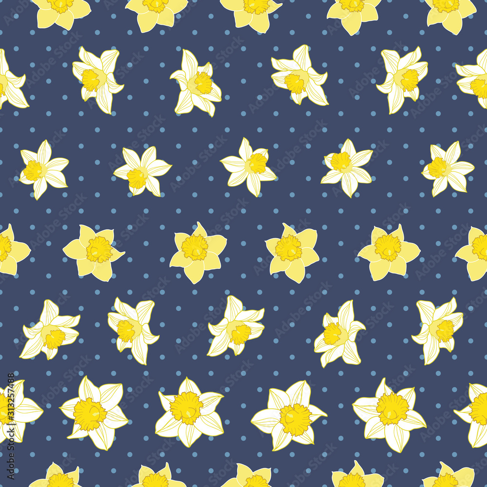 Seamless daffodil pattern on blue polka dots background