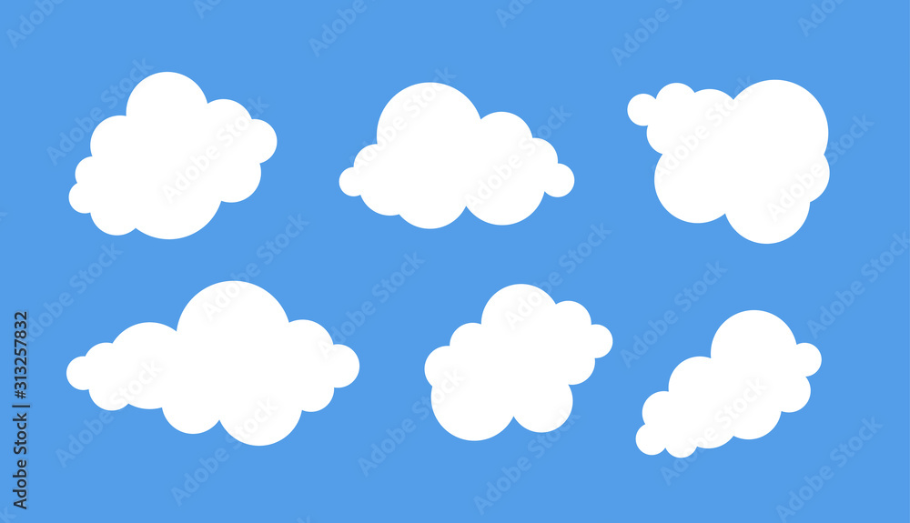 Set of funny clouds in flat style on blue background. Hand drawn illustration cartoon sky. Creative art work. Actual vector weather drawing
