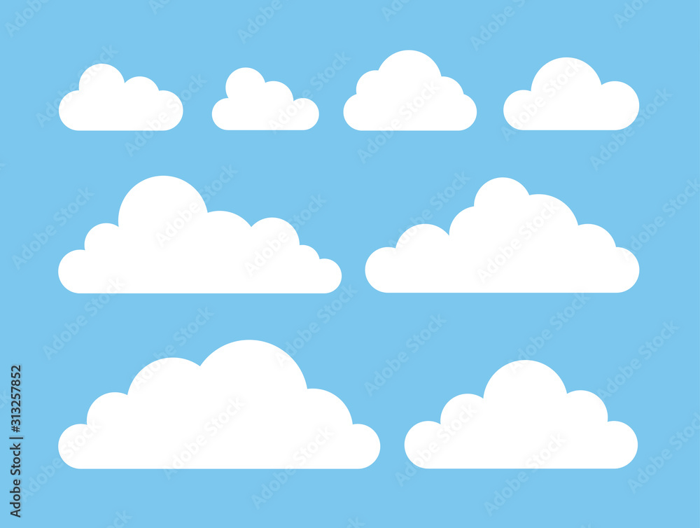 Set of funny clouds in flat style on blue background. Hand drawn illustration cartoon sky. Creative art work. Actual vector weather drawing Set of funny clouds in flat style on blue background. Hand drawn illustration cartoon sky. Creative art work. Actual vector weather drawing