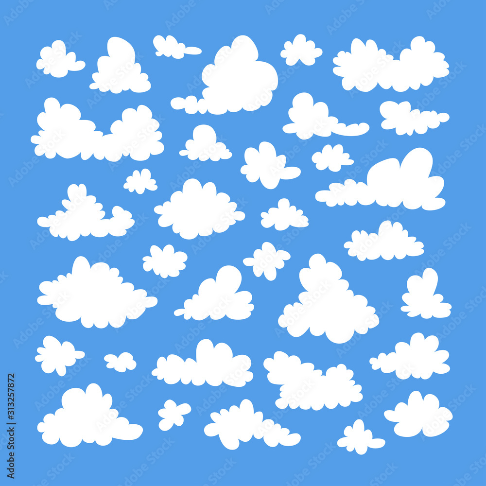 Set of funny clouds in flat style on blue background. Hand drawn illustration cartoon sky. Creative art work. Actual vector weather drawing Set of funny clouds in flat style on blue background. Hand drawn illustration cartoon sky. Creative art work. Actual vector weather drawing