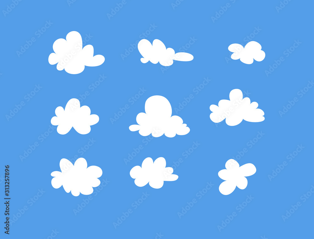 Set of funny clouds in flat style on blue background. Hand drawn illustration cartoon sky. Creative art work. Actual vector weather drawing Set of funny clouds in flat style on blue background. Hand drawn illustration cartoon sky. Creative art work. Actual vector weather drawing