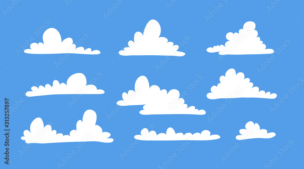 Set of funny clouds in flat style on blue background. Hand drawn illustration cartoon sky. Creative art work. Actual vector weather drawing Set of funny clouds in flat style on blue background. Hand drawn illustration cartoon sky. Creative art work. Actual vector weather drawing