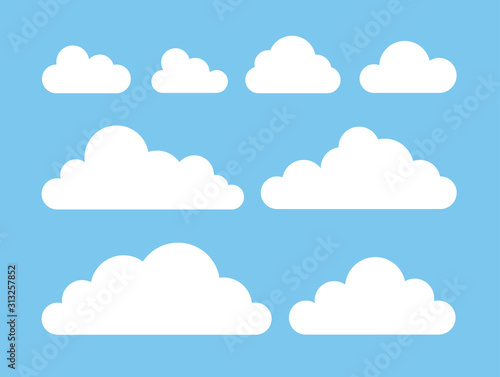 Set of funny clouds in flat style on blue background. Hand drawn illustration cartoon sky. Creative art work. Actual vector weather drawing © pomolchim