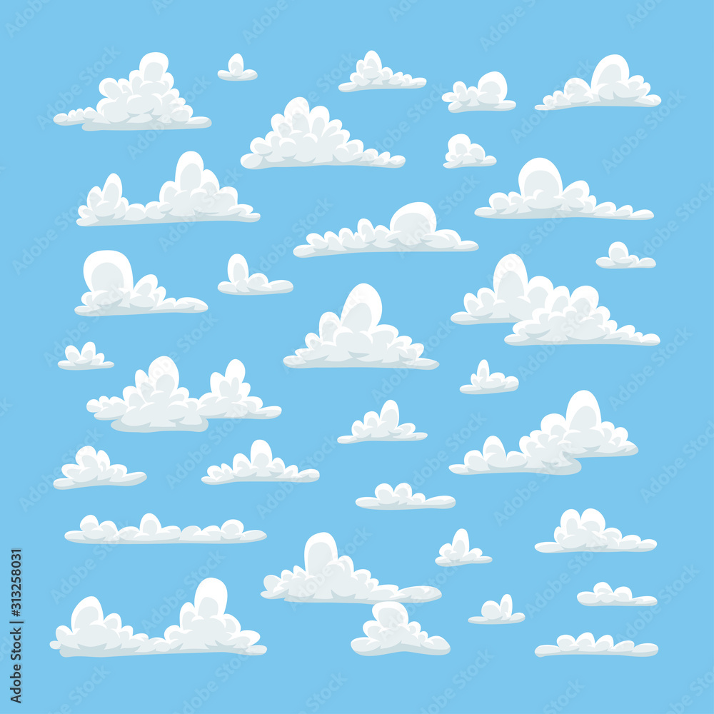 Set of funny clouds in flat style on blue background. Hand drawn illustration cartoon sky. Creative art work. Actual vector weather drawing Set of funny clouds in flat style on blue background. Hand drawn illustration cartoon sky. Creative art work. Actual vector weather drawing