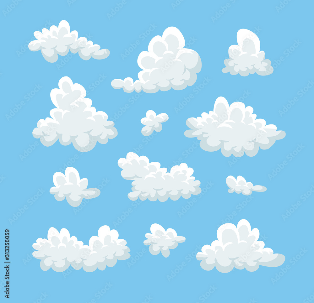 Set of funny clouds in flat style on blue background. Hand drawn illustration cartoon sky. Creative art work. Actual vector weather drawing Set of funny clouds in flat style on blue background. Hand drawn illustration cartoon sky. Creative art work. Actual vector weather drawing