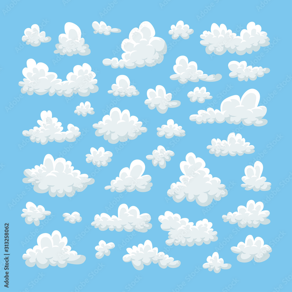 Set of funny clouds in flat style on blue background. Hand drawn illustration cartoon sky. Creative art work. Actual vector weather drawing Set of funny clouds in flat style on blue background. Hand drawn illustration cartoon sky. Creative art work. Actual vector weather drawing