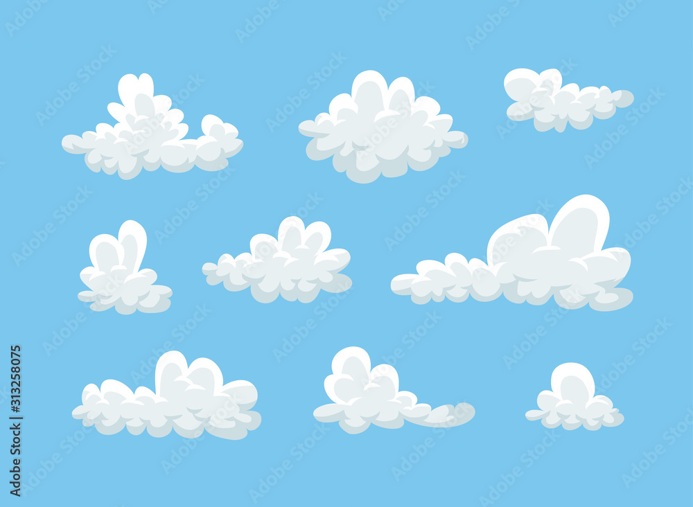 Set of funny clouds in flat style on blue background. Hand drawn illustration cartoon sky. Creative art work. Actual vector weather drawing Set of funny clouds in flat style on blue background. Hand drawn illustration cartoon sky. Creative art work. Actual vector weather drawing
