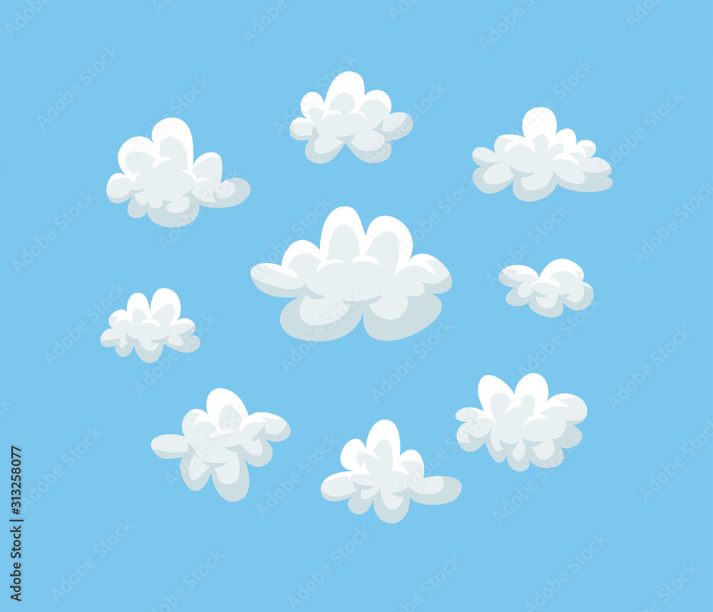 Set of funny clouds in flat style on blue background. Hand drawn illustration cartoon sky. Creative art work. Actual vector weather drawing Set of funny clouds in flat style on blue background. Hand drawn illustration cartoon sky. Creative art work. Actual vector weather drawing
