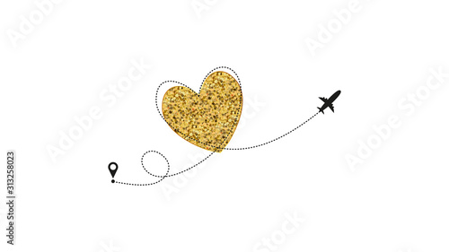 Love airplane route. Golden Heart dashed line trace and plane routes isolated on white background. Romantic wedding travel, Honeymoon trip. Hearted plane path drawing. Vector illustration