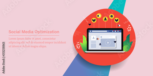 Social media optimization, optimized content showing on laptop screen, web banner template, presentation.
