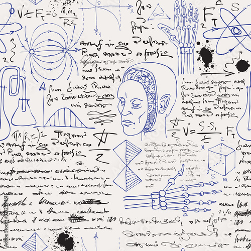 vector image of a seamless texture background in the style of sketches from the diary of a scientist inventor with formulas and notes