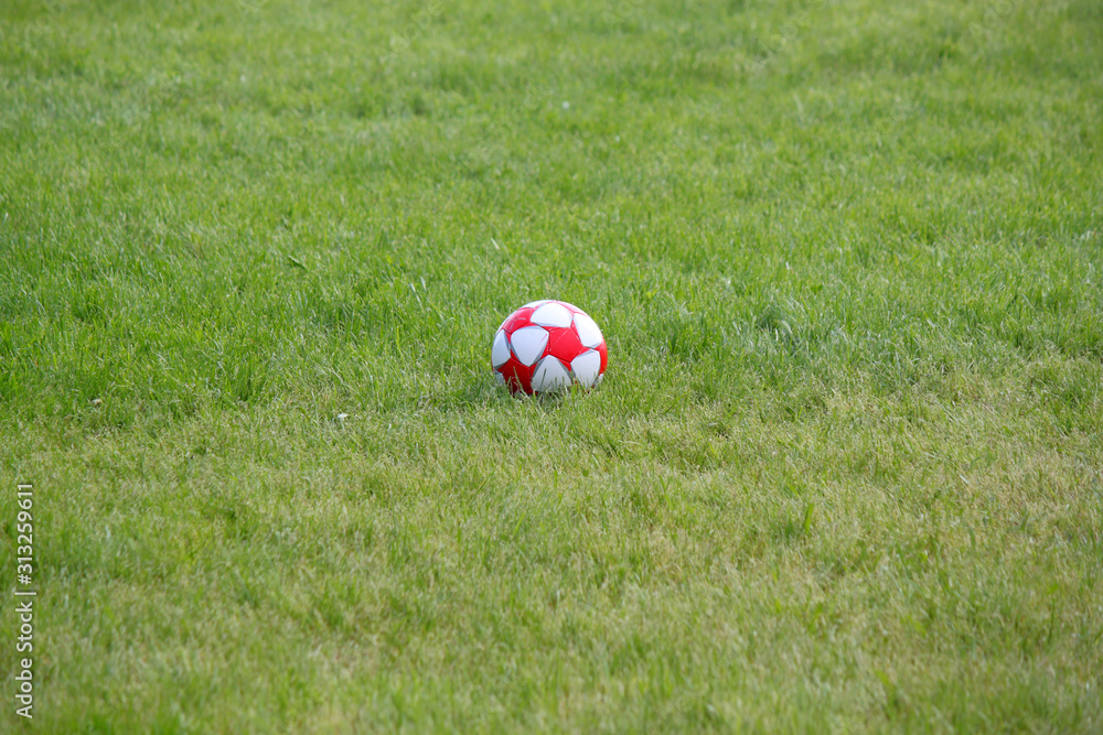 pallone di calcio con stelle rosse in mezzo a campo in erba Stock 写真 |  Adobe Stock