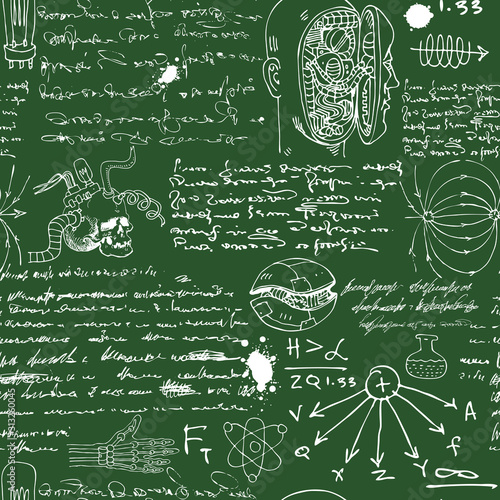 vector image of a seamless texture background in the style of sketches from the diary of a scientist inventor with formulas and notes